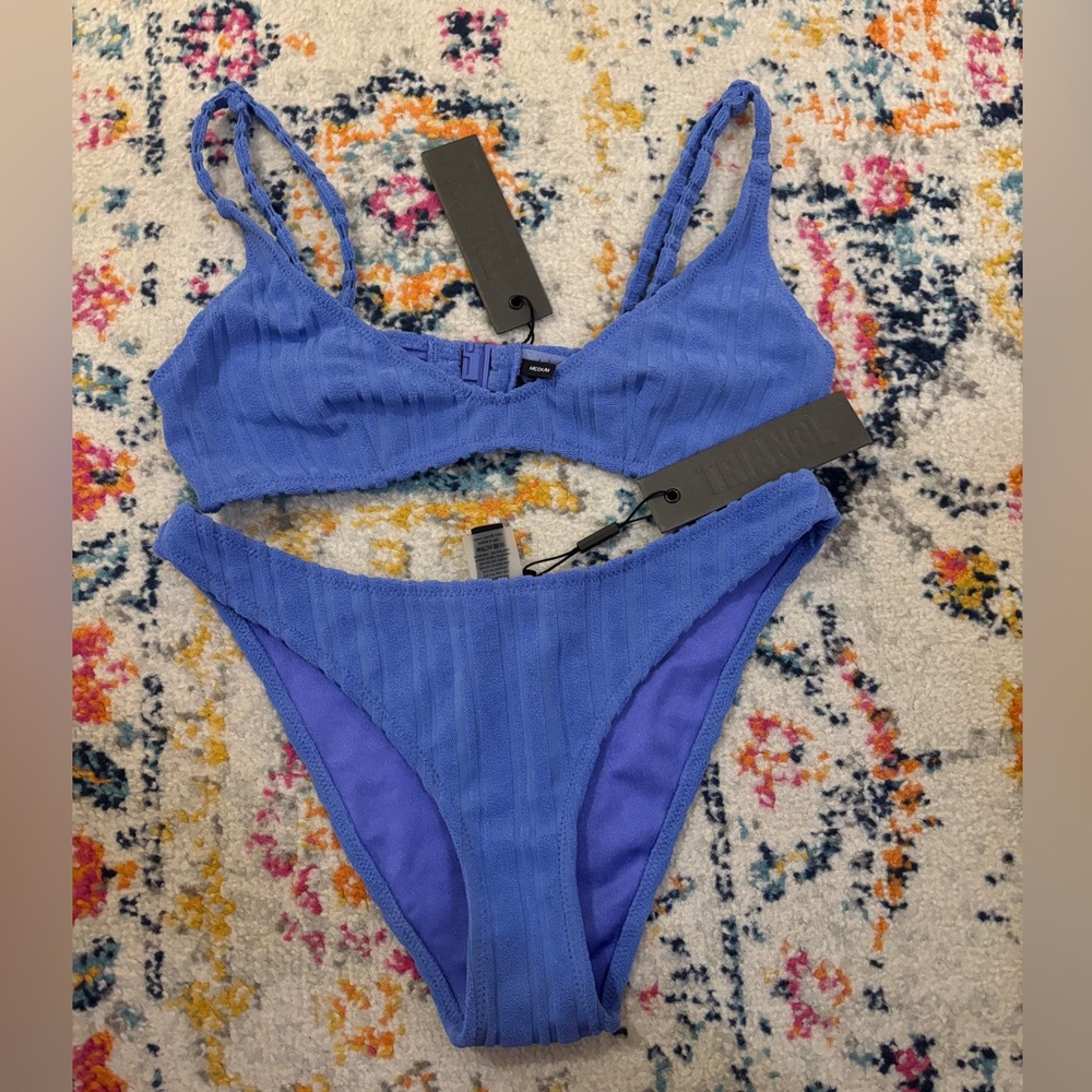 Purple textured triangle bikini. Top and bottoms